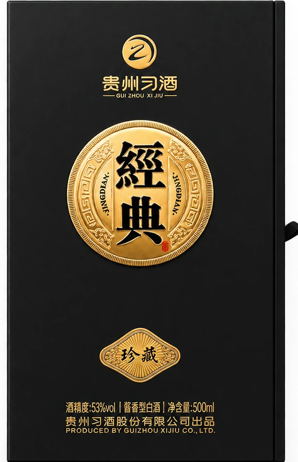 习酒经典珍藏 · 黑金礼盒正面，烫金「经典」圆章与珍藏标
